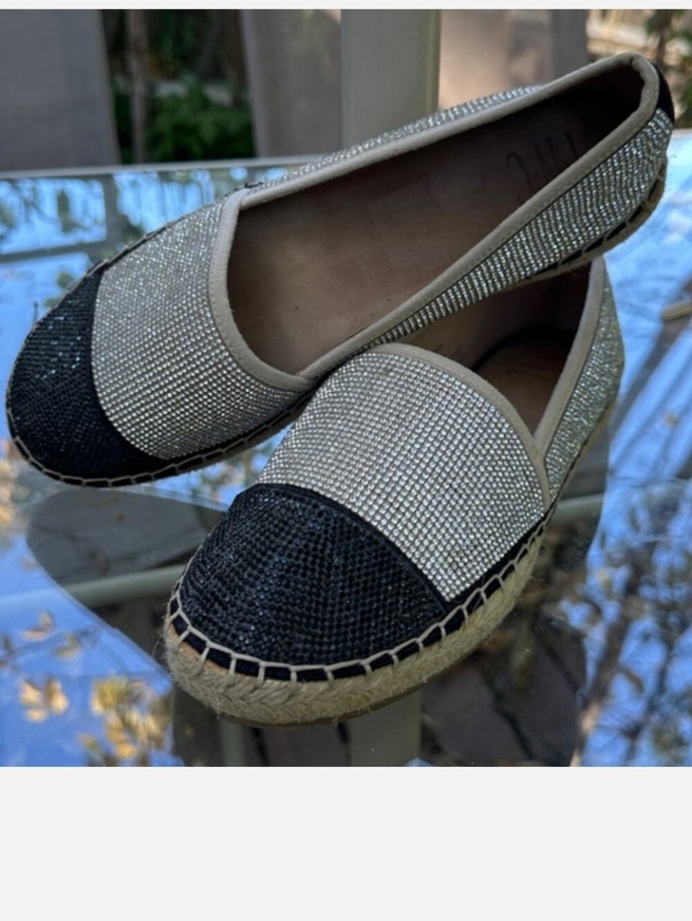 INC Sparkling Black, Silver Espadrilles 7M ladies NWOT